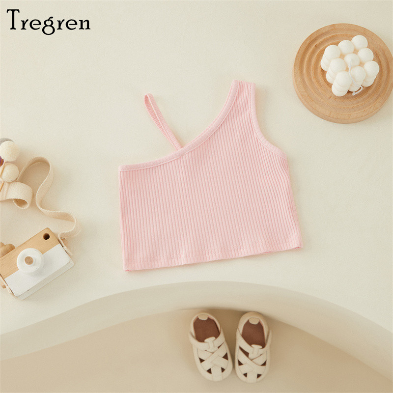 Tregren 2–8-aastased suvised väikesed tüdrukud, vestid, väikelapsed, armsa stiiliga ühevärvilised kaldus õlgadeta varrukateta vabaaja lühikesed topid