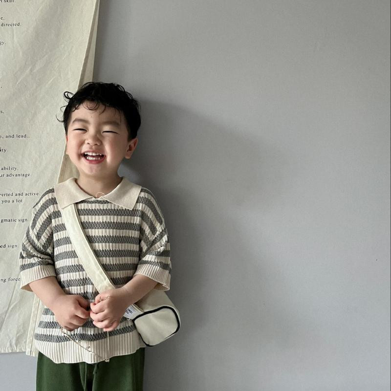 Ljeto Nove dječje ležerne polo majice kratkih rukava Dječje dječake Djevojčice Izdubljena pletiva Mala djeca Prugaste pletene majice na preklop