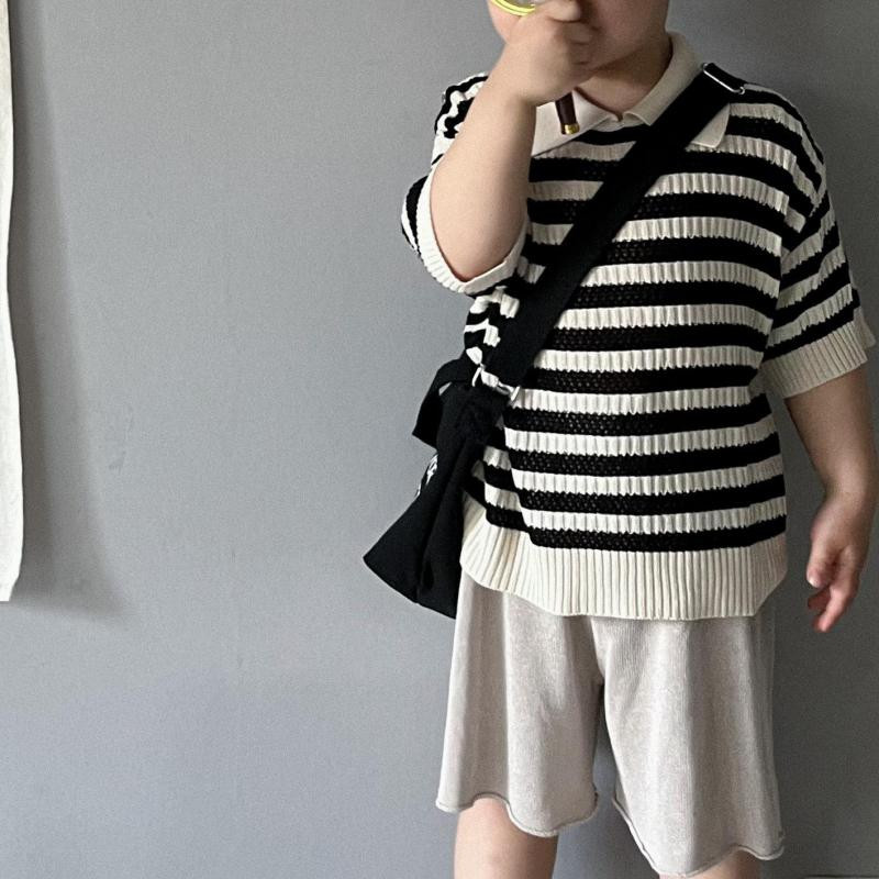 Ljeto Nove dječje ležerne polo majice kratkih rukava Dječje dječake Djevojčice Izdubljena pletiva Mala djeca Prugaste pletene majice na preklop