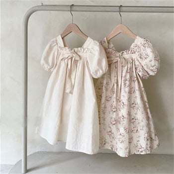 Рокли, корейска версия на нова лятна рокля за момичета, бебешка рокля с мехурчета и лък, сладка рокля с квадратно деколте на цветя