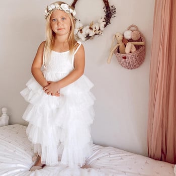 Κομψό φόρεμα κοριτσιού Δαντέλα Φορέματα λουλουδιών για μωρό γάμου Λευκό 1st Communion Παιδική Στολή Γενέθλια Πριγκίπισσα Ρούχα Καλοκαιρινό φόρεμα