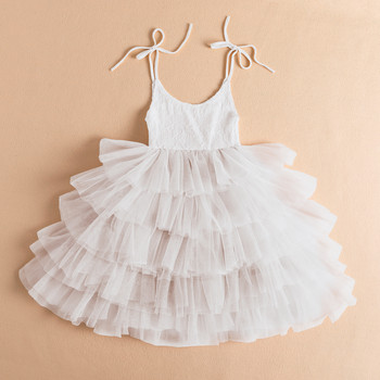 Елегантна рокля за момичета Дантелени рокли на цветя за сватба Бебешки бял костюм за 1-во причастие Детски рожден ден Дрехи на принцеса Лятна рокля
