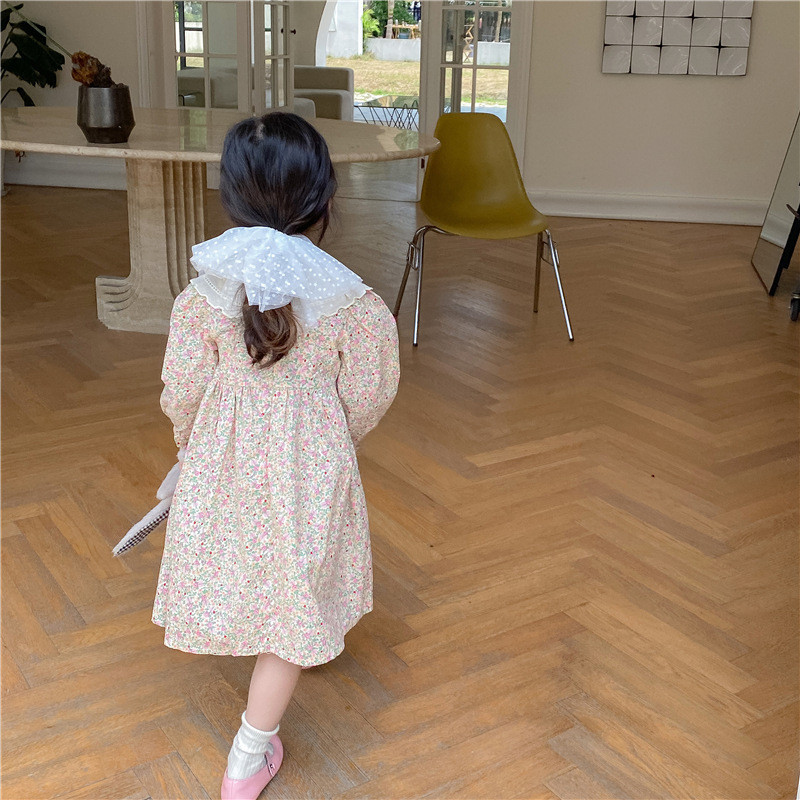 Dječja odjeća Nova moderna cvjetna haljina dugih rukava za djevojčice Proljeće jesen Slatka haljina princeze od čipke Veliki reveri Dječja haljina