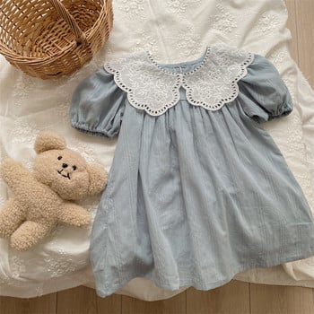 deer jonmi 2024 Нови летни рокли за принцеси за бебета и момичета, с къс ръкав, корейски стил, дантелена яка, малки деца, памучна сладка рокля