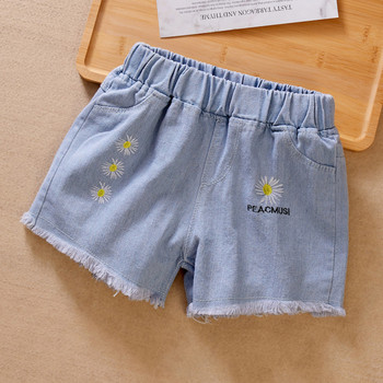 Cool Summer Big Girls Washed Denim Short Brushed Design Daisy Embroideried Children Girls Jeans