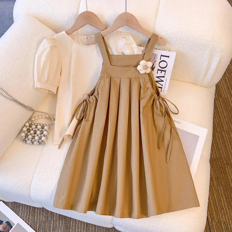 Vasaras meiteņu kleitu komplekts bērniem, tops + svārki ar svārkiem, 2 attēli, bērnu puķu tērps brīvā laika pavadīšanai, 3–14 gadu jauniešu apģērbs