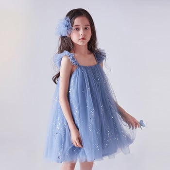 Синя лятна рокля с пайети за момичета Детска вечерна парти Мрежест костюм на принцеса Прохождащо момиче Празнични ежедневни дрехи за 3 4 5 6 7 8 години