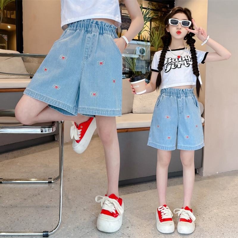 Nyári, csípős lány rövidnadrág, fodros hímzés, bő, légáteresztő, széles szárú egyenes rövidnadrág Divat alkalmi rövidnadrág 6-15 éves korig