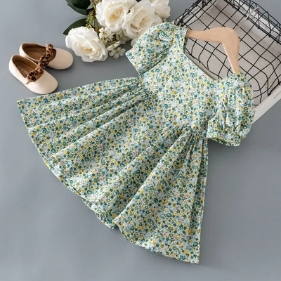 Sieviešu stilīga, tīras kokvilnas ziedu kleita ar īsām piedurknēm, meiteņu princešu kleita korejiešu stilā, piemērota vidējiem maziem bērniem