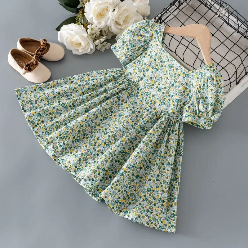 Sieviešu stilīga, tīras kokvilnas ziedu kleita ar īsām piedurknēm, meiteņu princešu kleita korejiešu stilā, piemērota vidējiem maziem bērniem