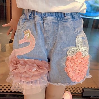 Летни памучни дънкови къси панталони за бебета за малки деца Сладки меки дънки с цвете на лебед за тийнейджърки Детско облекло