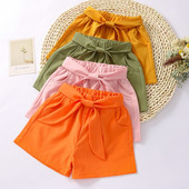 Proljeće ljeto Široke hlače Trendy za djevojčice, potpuno nove tanke, mekane kratke hlače s elastičnim strukom, jednobojne jednobojne, ležerne kratke hlače za djecu s mašnom