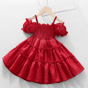 Нова лятна рокля за момичета 2024 г. Модна модна пола на принцеса със снаждане на ръкави за деца от 1 до 8 години