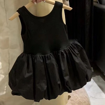 Момичета Бебешка черна рокля без ръкави с отворен гръб Детска рокля с пъпки на цветя Лято 2023 Нова рокля на принцеса с потник