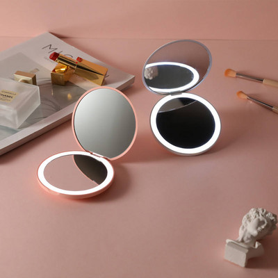 Oglindă de buzunar compactă de machiaj pliabil pe 2 laturi Cosmetică cu lumină LED mică personalizată Oglindă de buzunar pentru femei cu efect luminos Roz alb Mini oglindă