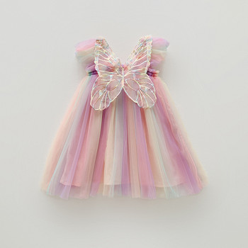 Нова лятна рокля за момиче Сладки летящи ръкави Rainbow Stereoscopic Wings Mesh Детски рокли за рожден ден Сладко момиченце Рокля на принцеса