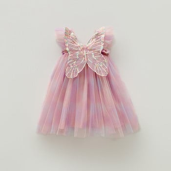 Нова лятна рокля за момиче Сладки летящи ръкави Rainbow Stereoscopic Wings Mesh Детски рокли за рожден ден Сладко момиченце Рокля на принцеса