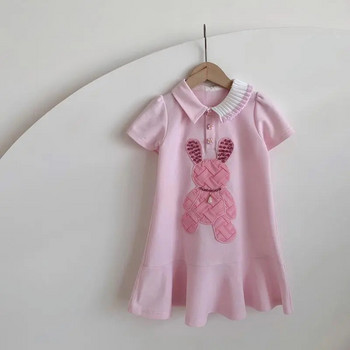 Бебешка рокля за момичета SummerClothing Нова детска розова рокля на принцеса с поло деколте Корейска версия Ежедневна рокля със заек