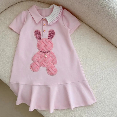 Бебешка рокля за момичета SummerClothing Нова детска розова рокля на принцеса с поло деколте Корейска версия Ежедневна рокля със заек