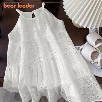 Момичешка рокля с разкроен дизайн Bear Leader 2023 Лято 2023 г. Модна прашка за малко момиченце Бяла ваканционна средна дълга рокля с жилетка Рокля за момичета