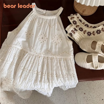 Bear Leader Cut-out Design Φόρεμα για κορίτσια 2023 Summer Little Girl Fashion Sling Λευκό γιλέκο γιλέκο μεσαίου μήκους Φόρεμα για κορίτσια