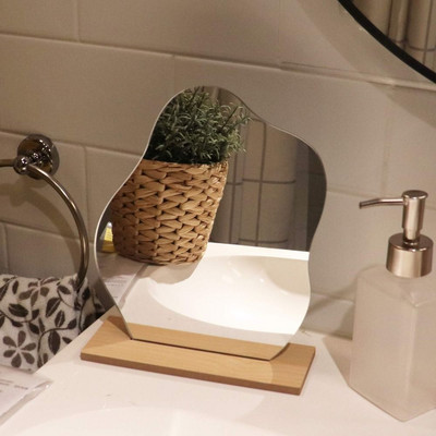 Oglindă de toaletă neregulată în formă de nor acrilic cu suport din lemn Oglindă decorativă Decor pentru casă Oglindă de machiaj fără cadru dormitor