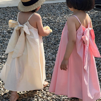 Модно момиченце принцеса рокля с памучни каишки с панделка за бебета, малки деца, детски тиранти Vestido Едноцветни летни бебешки дрехи 1-10 г.