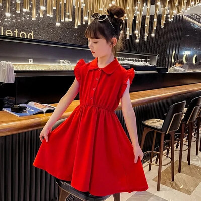 Meiteņu vasaras bērnu veste bez piedurknēm Princeses kleita Moderna vidēja lieluma bērnu vasaras drēbes Kokvilnas tīras krāsas A līnijas kleita