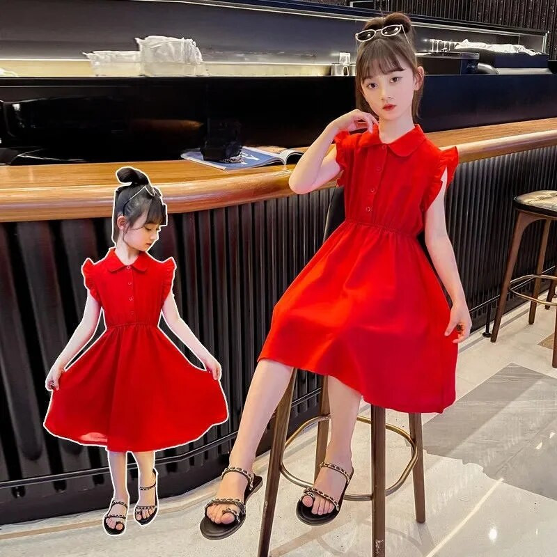 Meiteņu vasaras bērnu veste bez piedurknēm Princeses kleita Moderna vidēja lieluma bērnu vasaras drēbes Kokvilnas tīras krāsas A līnijas kleita