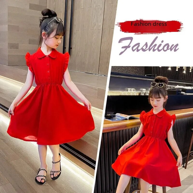 Meiteņu vasaras bērnu veste bez piedurknēm Princeses kleita Moderna vidēja lieluma bērnu vasaras drēbes Kokvilnas tīras krāsas A līnijas kleita