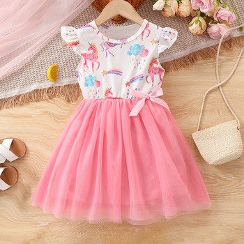 Καλοκαιρινό φόρεμα για κορίτσια για παιδιά 1-8 ετών Μόδα χαριτωμένα κινούμενα σχέδια Μονόκερος με βολάν τούλι με μανίκια πριγκίπισσα φορέματα για τις διακοπές