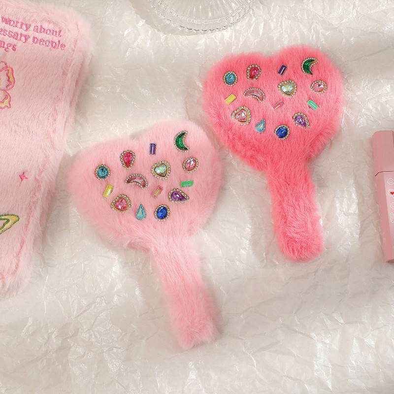 Slatko ljubavno ručno ogledalo, mini plišana ručka, kompaktno ručno ogledalo, prijenosno kozmetičko ogledalo, djevojka u obliku srca