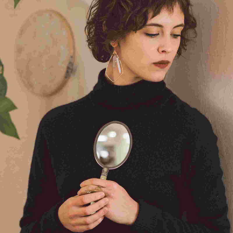 Vintage ručno ogledalo bakrene boje Osobno ovalno ručno ogledalo Ogledalo s ravnom ručkom za džep za šminku SPA salona