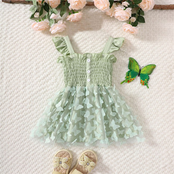 FOCUSNORM 1-6Y Παιδικό κορίτσι 1-6 ετών Καλοκαιρινό φόρεμα με βολάν με μανίκι με κουμπί μπροστινό τρισδιάστατο σαλονάκι με δαντέλα με πλέγμα πεταλούδας