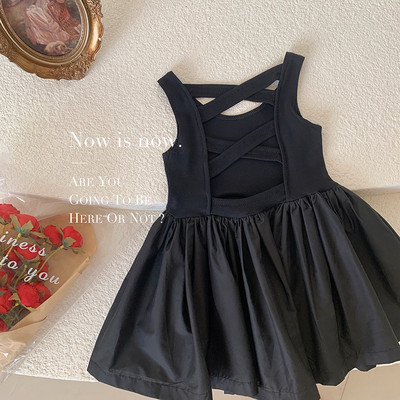 Vasaras toddler meiteņu kleita kokvilnas, salda, vēsa vēja krusta kleita bez atzveltnēm ballīšu princešu kleitām 1–7 gadiem, melna meitenēm