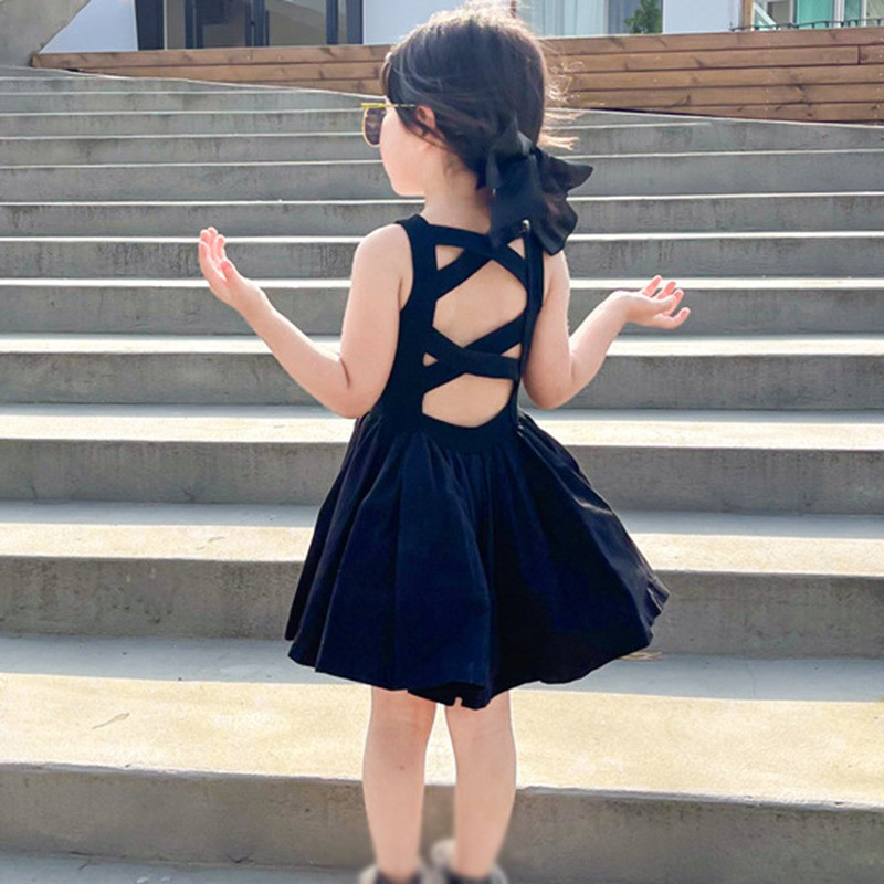 Vasaras toddler meiteņu kleita kokvilnas, salda, vēsa vēja krusta kleita bez atzveltnēm ballīšu princešu kleitām 1–7 gadiem, melna meitenēm