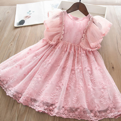 Elegáns lány ruha virágos csipke fodros ujjú ruhák buliba születésnapi hercegnő ruha 3-8 éves gyerekek nyári alkalmi ruhákhoz