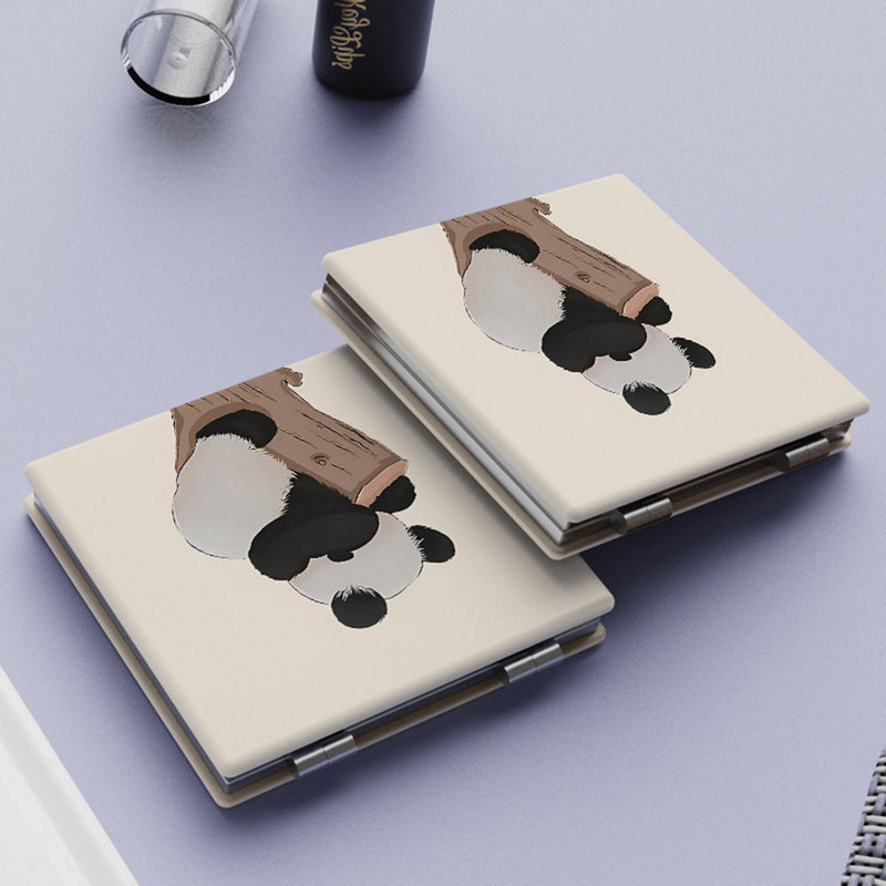 Oglindă de machiaj cu model panda drăguță Mini oglindă pliabilă din PU cu două fețe Instrument cosmetic Oglindă pătrată portabilă de înaltă definiție