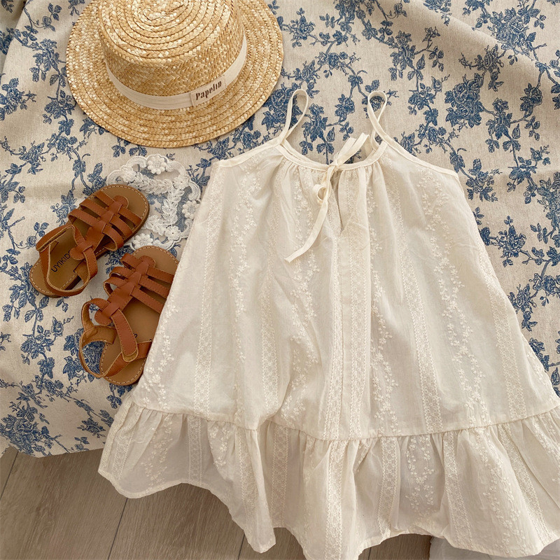 briedis jonmi 2024. gada vasaras korejiešu stila meiteņu bēša izšūšanas kleitas, volāni bez piedurknēm maziem bērniem, bērnu zeķturi