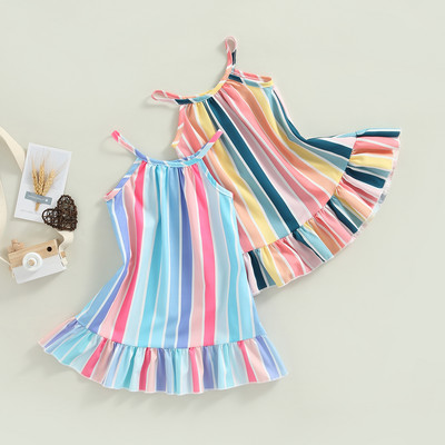 Gyerek csecsemő baba lány nyári ujjatlan ruha függőleges csíkos mintás fodros szegély alkalmi spagetti pántos ruha 6M-4T