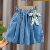 6-15 gadus gadus veci bērnu džinsa svārku šorti, kas paredzēti griliem, elastīgi jostasvietā, brīvi īsās bikses pusaudžu meiteņu vasaras šorti ar banti 10 12 13