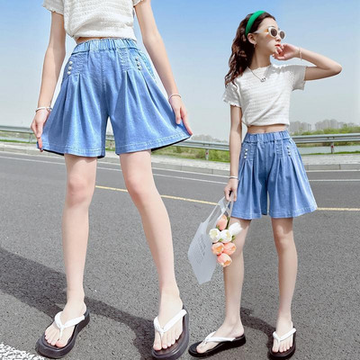 6-15 gadus gadus veci bērnu džinsa svārku šorti, kas paredzēti griliem, elastīgi jostasvietā, brīvi īsās bikses pusaudžu meiteņu vasaras šorti ar banti 10 12 13