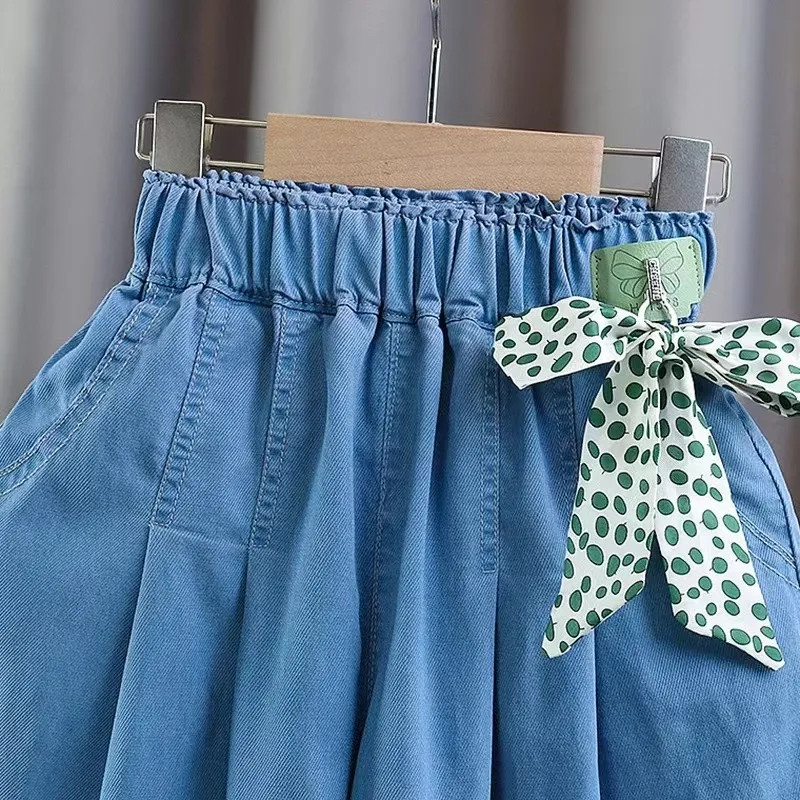 6-15 gadus gadus veci bērnu džinsa svārku šorti, kas paredzēti griliem, elastīgi jostasvietā, brīvi īsās bikses pusaudžu meiteņu vasaras šorti ar banti 10 12 13