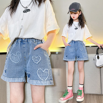 2024 Hot Summer Παιδικά σορτς για κορίτσια Μόδα Ομορφιά 9 11 13 14 ετών Παιδιά Pearl Heart Jeans Σορτς Εφηβικό τζιν με φούντα