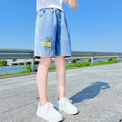 Gyermek nyári medve rövidnadrágok fiúk és lányok rajzfilm nyomtatott semleges stílusú vékony, légáteresztő farmer rövidnadrág, divatos 6-15