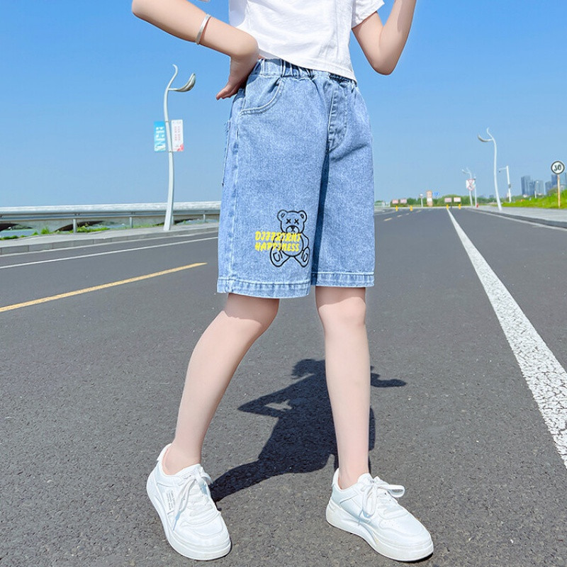 Gyermek nyári medve rövidnadrágok fiúk és lányok rajzfilm nyomtatott semleges stílusú vékony, légáteresztő farmer rövidnadrág, divatos 6-15