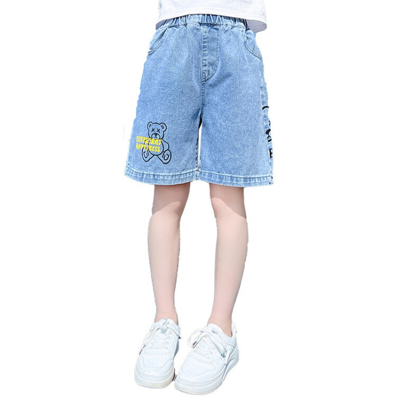 Gyermek nyári medve rövidnadrágok fiúk és lányok rajzfilm nyomtatott semleges stílusú vékony, légáteresztő farmer rövidnadrág, divatos 6-15
