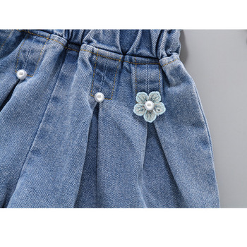 Летни дънкови шорти за момичета Корейска мода Нови детски плисирани дънки 4-12 години Тийнейджъри Къси дънки за момичета Перлена декорация