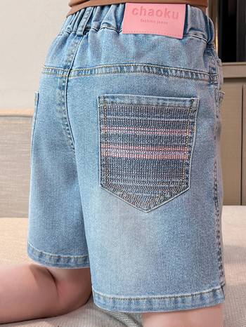 Летни дънкови шорти с бродирани джобове за момичета