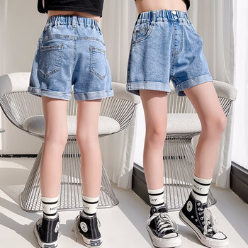 Детски момичета Къси панталони с висока талия Детски дънкови къси панталони С бродерия сърце Летни ежедневни училищни модни дънки 2 -16 години